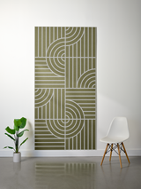 Olive-green felt sheet with white engraved geometric pattern of concentric circles and vertical lines in four quadrants.
