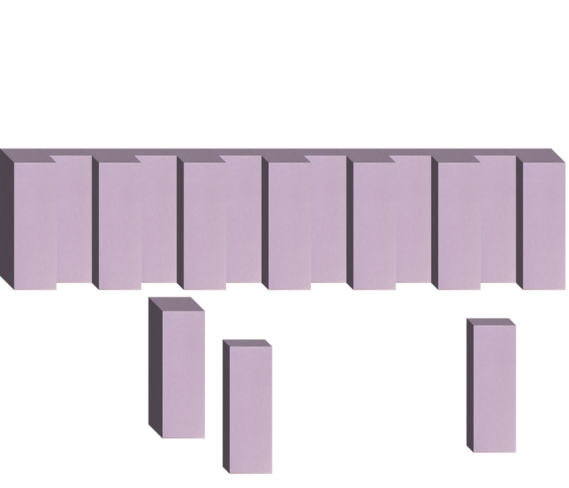 Three-dimensional illustration of seven connected lavender rectangular blocks in a row with three separate blocks below, rend
