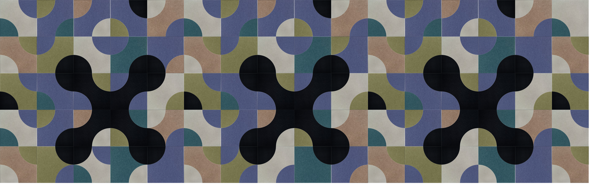 Abstract geometric pattern featuring black cross shapes on multicolored interlocking circles and squares.