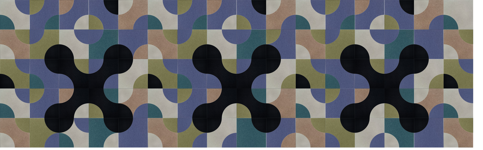 Abstract geometric pattern featuring black cross shapes on multicolored interlocking circles and squares.