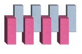 Four pink rectangular blocks alternating with four light blue rectangular blocks in a 3D geometric arrangement.