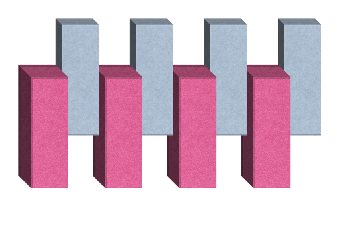 Four pink rectangular blocks alternating with four light blue rectangular blocks in a 3D geometric arrangement.
