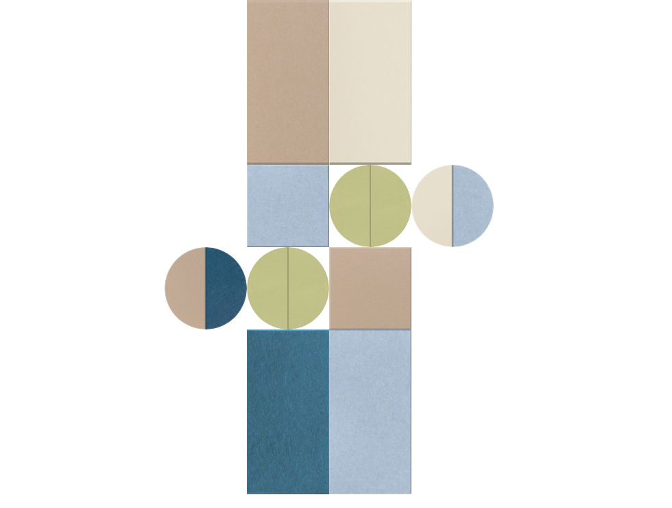 Abstract geometric composition featuring overlapping rectangles and circles in muted earth tones, blues, and greens arranged 