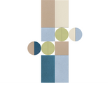 Abstract geometric composition featuring overlapping rectangles and circles in muted earth tones, blues, and greens arranged 