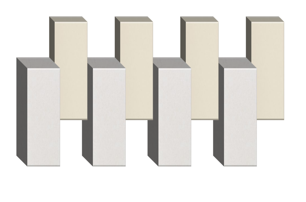 Four stacked 3D rectangular blocks in cream and white with gray shading, arranged in a geometric pattern.