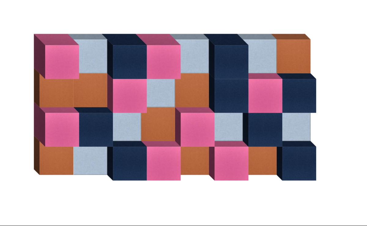 Three-dimensional geometric composition with interlocking cubes in pink, navy, light blue, and terracotta arranged in a check