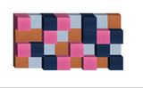 Three-dimensional geometric composition with interlocking cubes in pink, navy, light blue, and terracotta arranged in a check