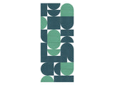 Abstract geometric composition with mint green and dark teal squares and rounded shapes arranged in vertical pattern.