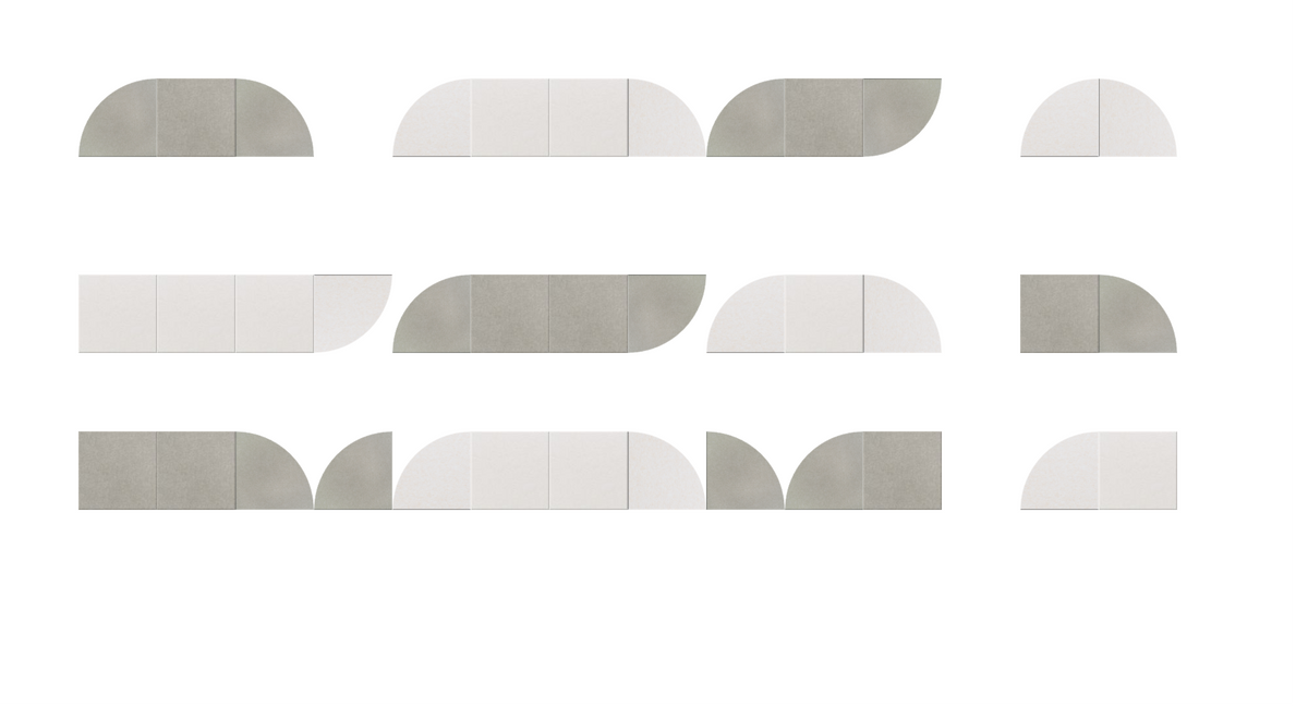 Collection of modular curved tiles in sage and cream with vertical panel details in various geometric shapes.