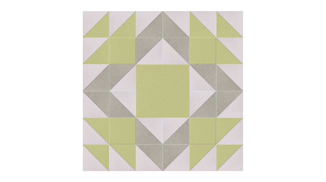 Felt Right Mother's Favorite in Aloe quilt design wall in light greens and cream displayed in a bedroom or craft room