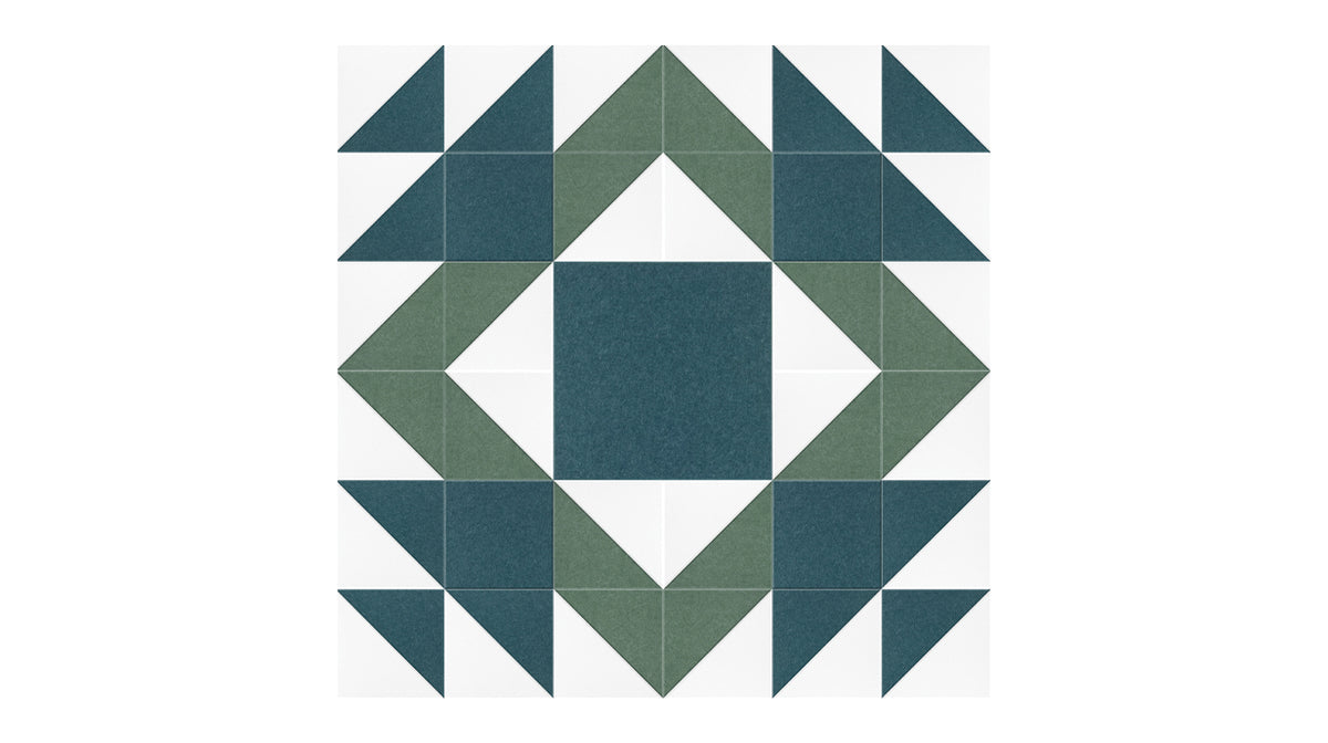 Felt Right Mothers Favorite quilt design wall in shades of green and white displayed in a bedroom and craft room