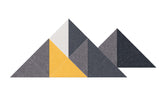 Geometric mountain decoration with gray and charcoal triangular peaks, white section, and yellow amber-colored accent panel.