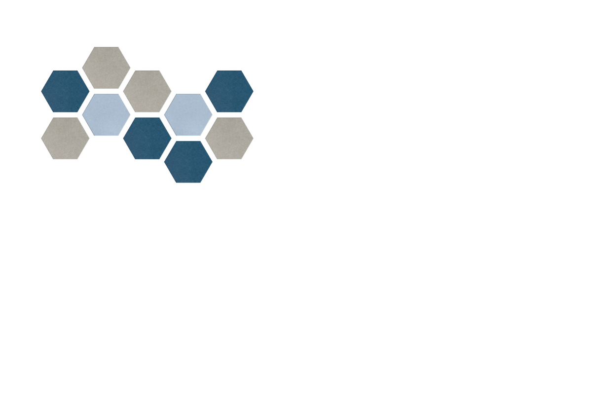 Hexagonal pinboard with interlocking tiles in navy, light blue, and gray tones.