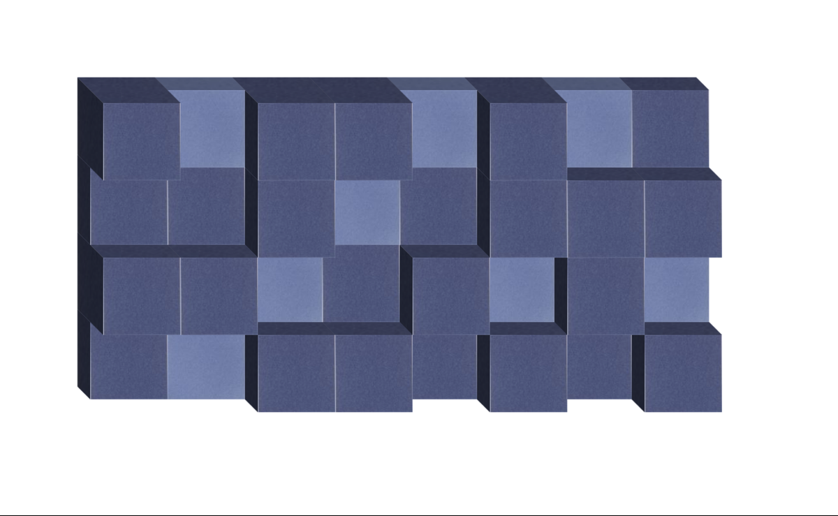 Three-dimensional blue and navy geometric cube blocks arranged in a staggered wall pattern.
