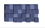 Three-dimensional blue and navy modular blocks arranged in an abstract geometric pattern with varying depths and shadows.