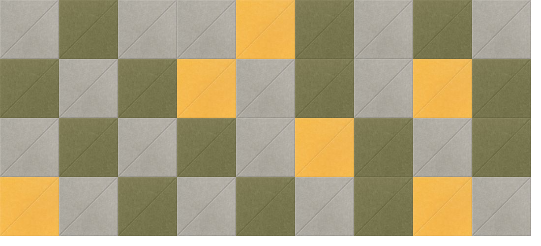 Checkerboard floor design with yellow, olive green, and gray tiles arranged in alternating pattern.