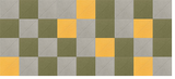 Checkerboard floor design with yellow, olive green, and gray tiles arranged in alternating pattern.