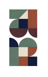 Geometric design composition featuring sage green, navy, terracotta, burgundy, and cream colored rectangles and circles arran