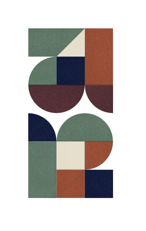 Geometric design composition featuring sage green, navy, terracotta, burgundy, and cream colored rectangles and circles arran