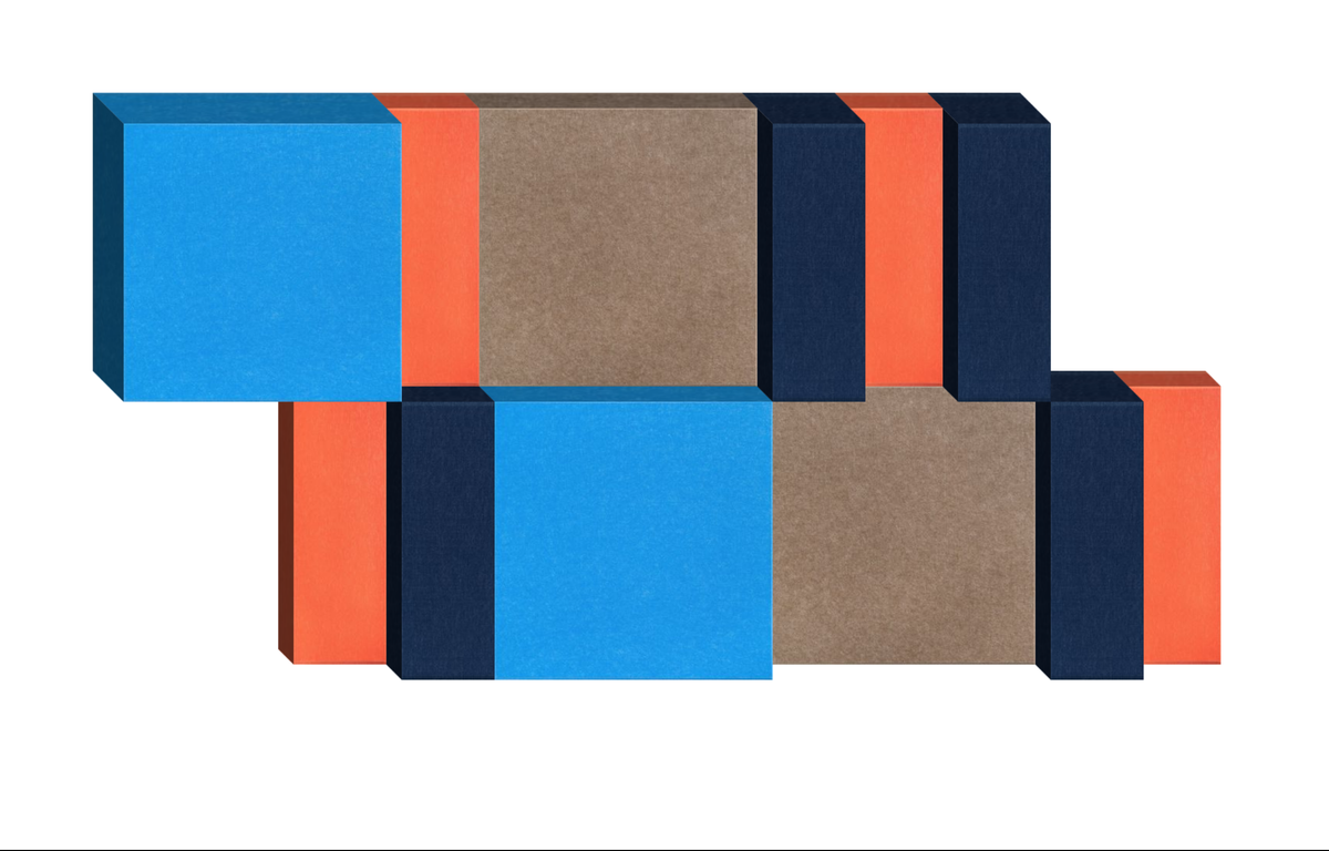 3D geometric design with stacked rectangular blocks in blue, coral, navy, and taupe colors.