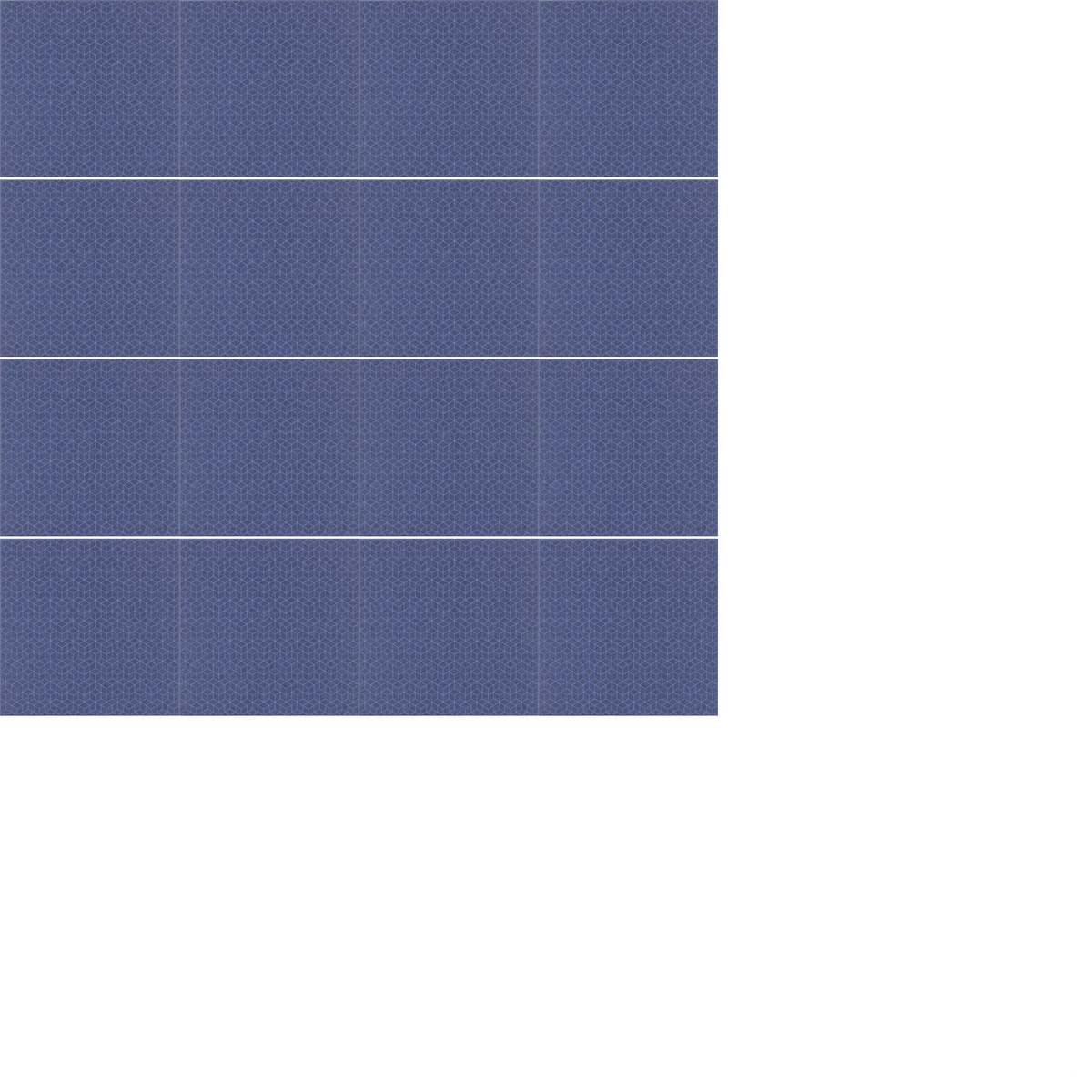 Indigo wall tiles with geometric grid pattern and white grout lines arranged in four horizontal rows.