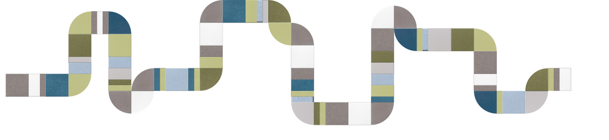 Abstract geometric design with interlocking rounded shapes in blue, olive, gray, and light blue color blocks.