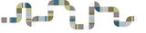 Abstract geometric design with interlocking rounded shapes in blue, olive, gray, and light blue color blocks.