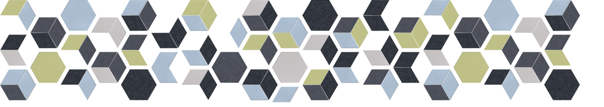 Repeating pattern of interlocking hexagons in blue, gray, black, and olive tones.