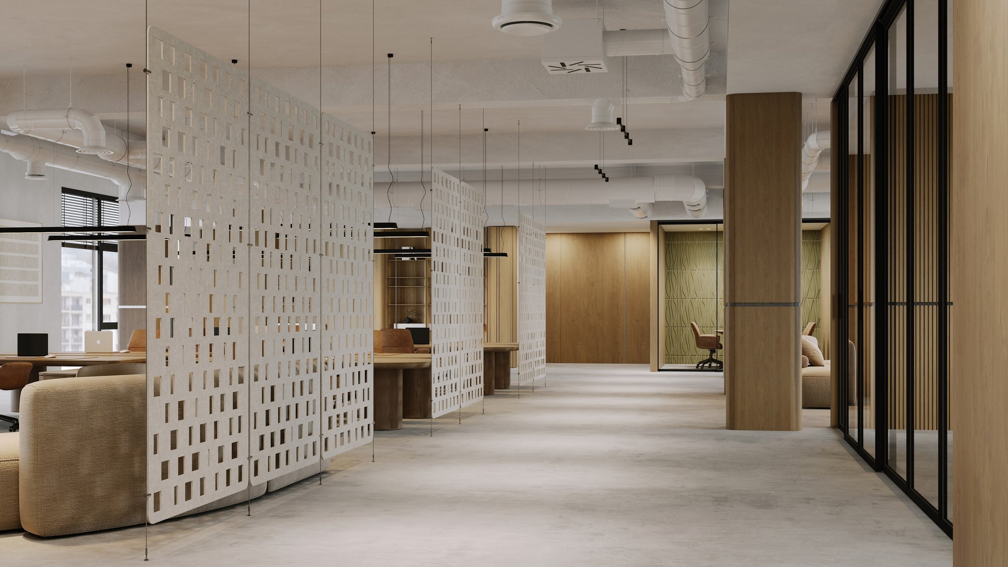 Gray geometric room dividers in a open office space
