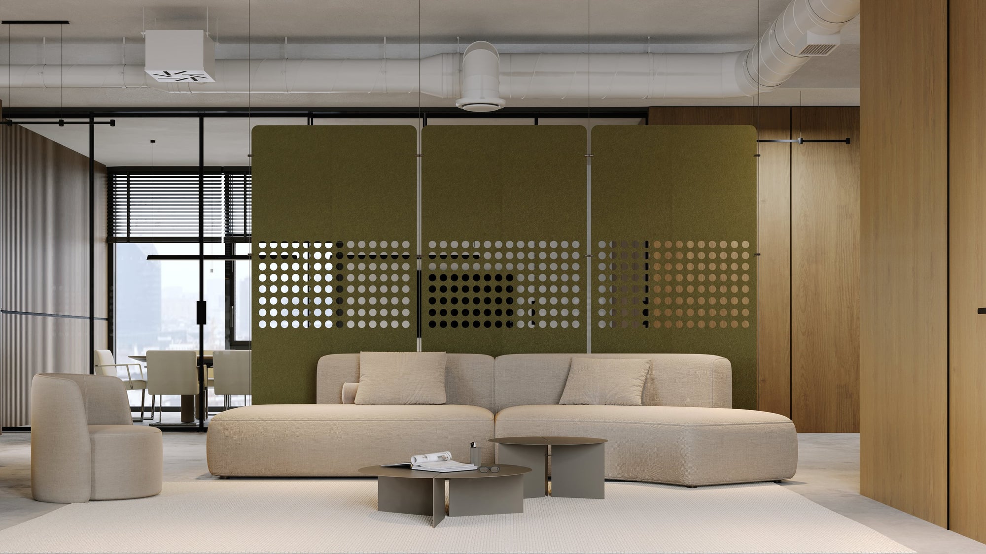 green acoustic room dividers hanging from a ceiling
