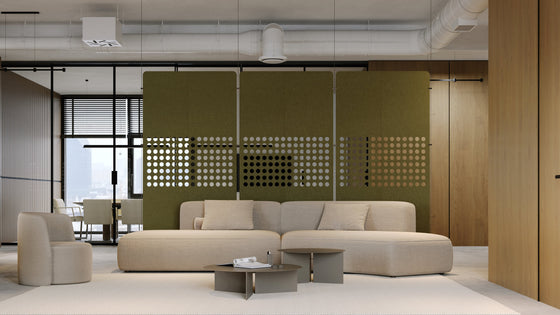 green acoustic room dividers hanging from a ceiling
