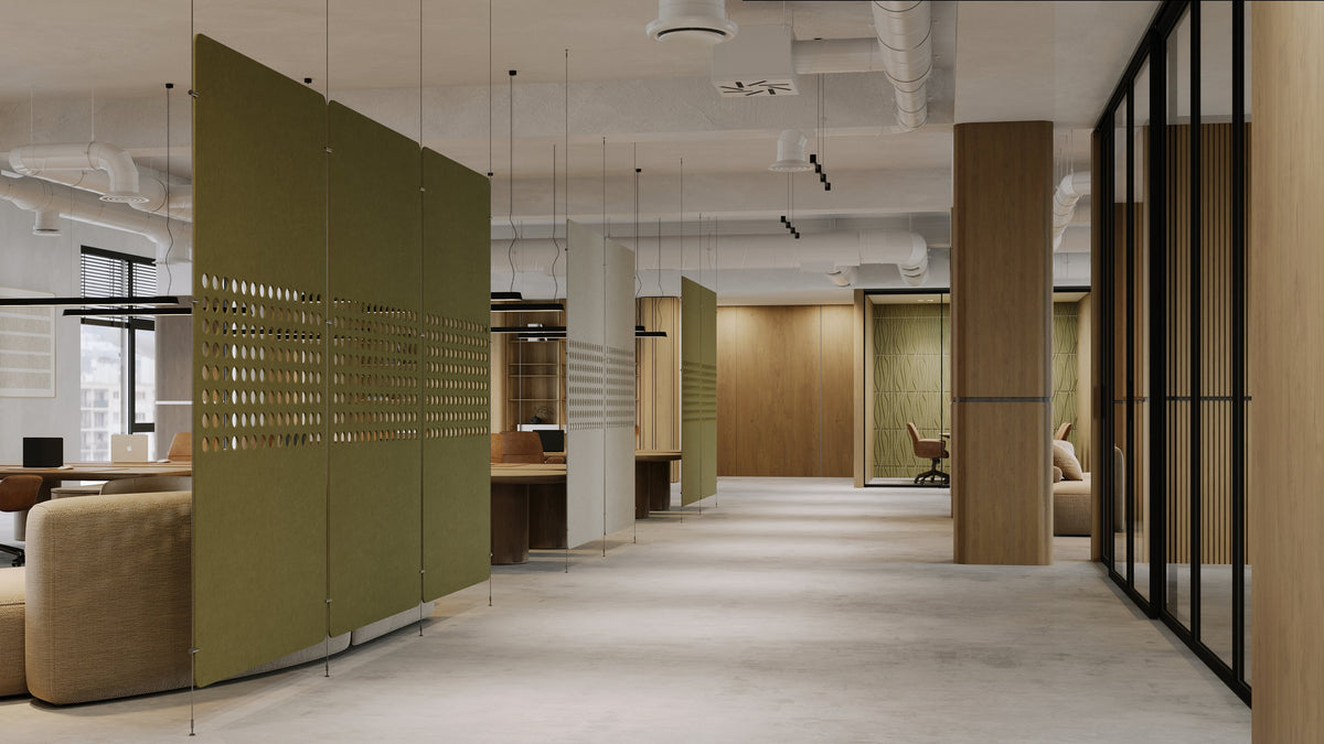 green acoustic room dividers hanging from a ceiling
