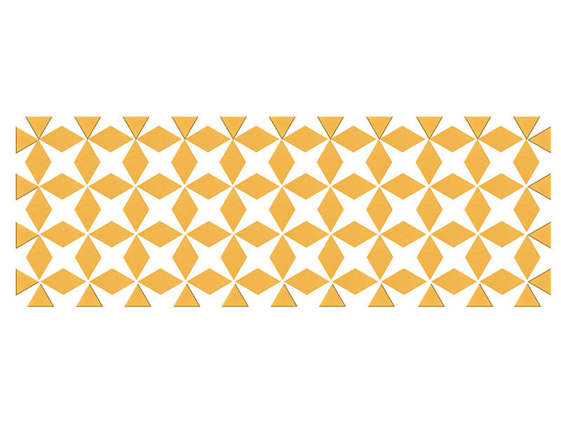 Geometric pattern of mustard yellow triangles and diamonds arranged in repeating rows on white background.