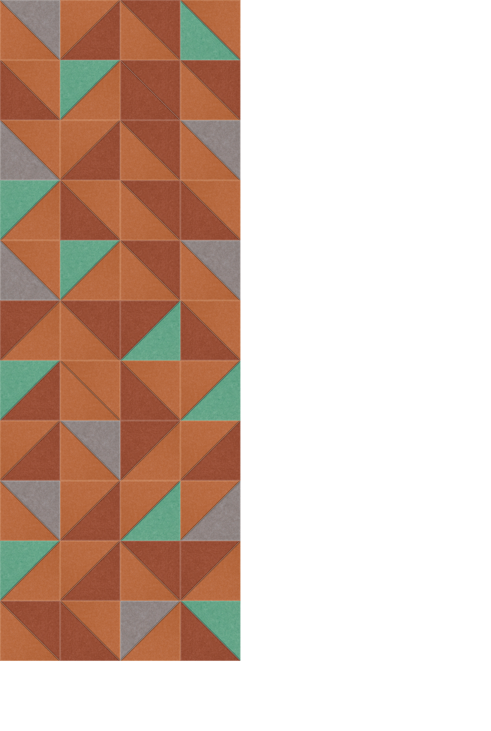 Geometric pattern with orange, rust, teal, and gray triangles arranged in a repeating grid design.