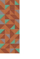Geometric pattern with orange, rust, teal, and gray triangles arranged in a repeating grid design.
