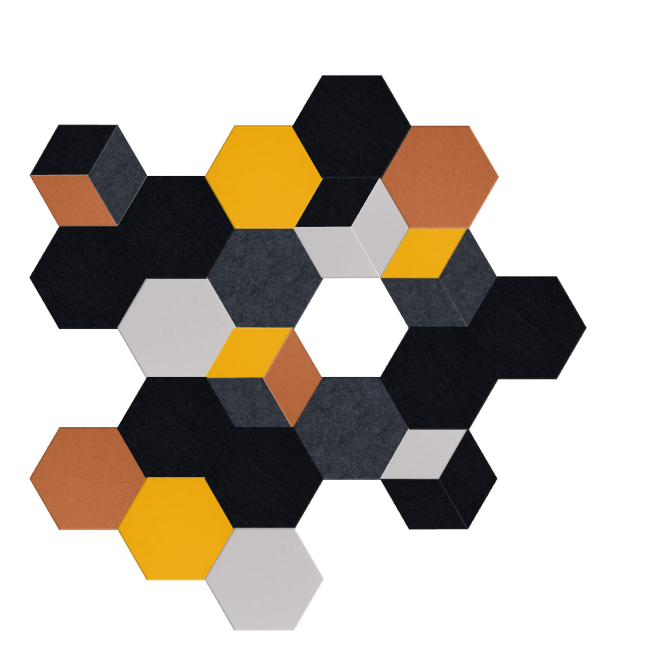 Geometric hexagon pattern in black, yellow, gray, white, and rust brown tiles arranged in a matrix design.