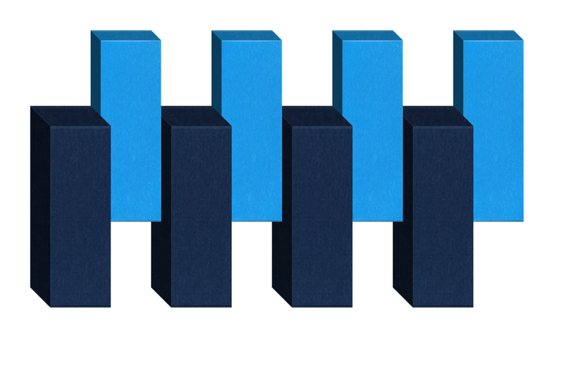 Four pairs of alternating bright blue and dark navy blue 3D rectangular blocks arranged in a row.