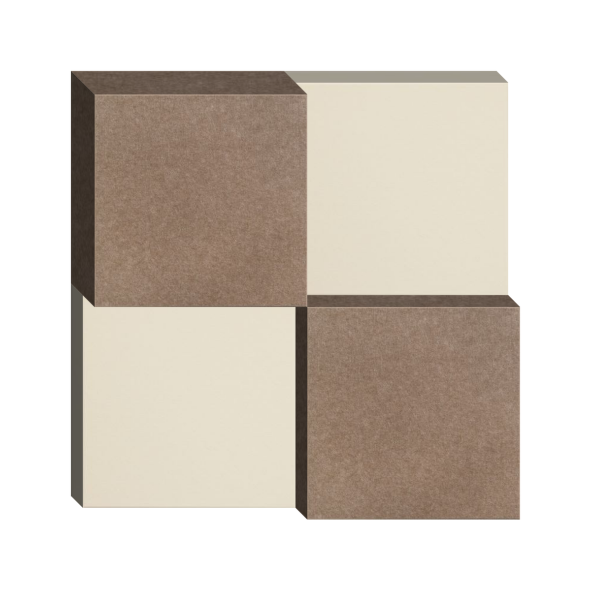 3D illustration of four cubic blocks arranged in a staggered pattern with alternating taupe and cream-colored surfaces.