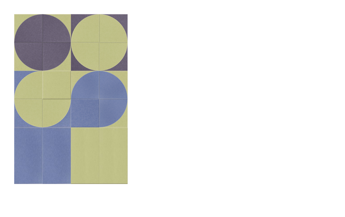 Abstract geometric design with interlocking circles in gray, blue, and yellow-green on a grid background.