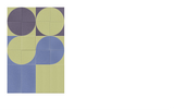 Abstract geometric design with interlocking circles in gray, blue, and yellow-green on a grid background.