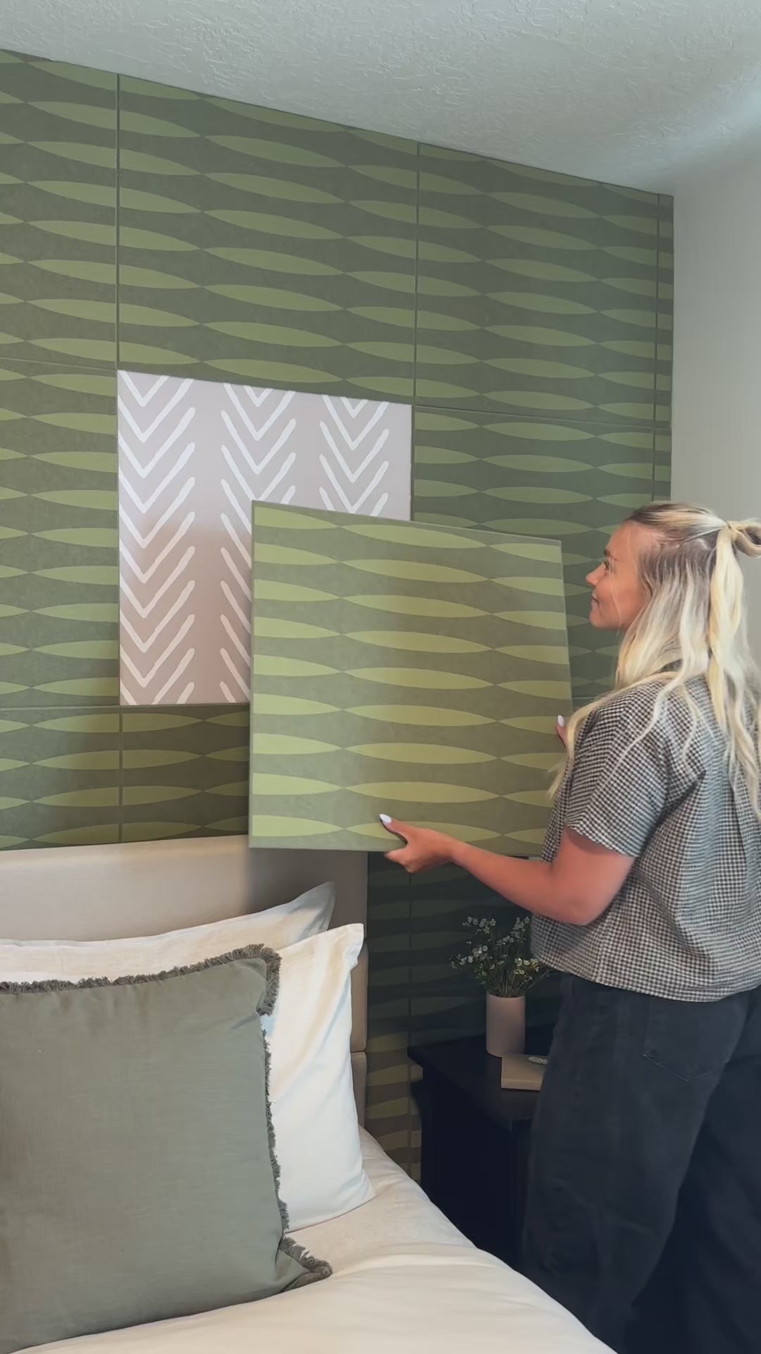 woman installing wall panels in many different scenes