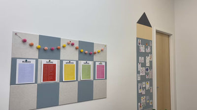 Classroom with multiple colors of checkerboard and pencil bulletin boards with papers pinned to them