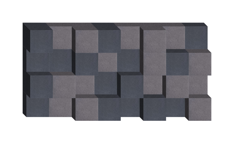 Three-dimensional wall panel with alternating dark blue and gray textured square blocks in staggered arrangement.