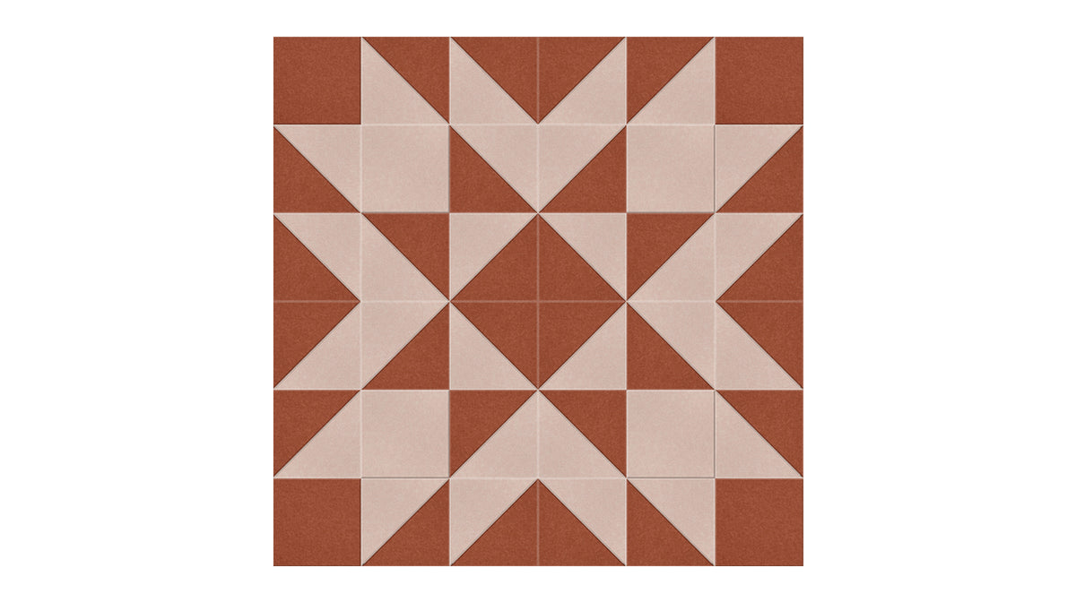 Felt Right Quilting Star quilt design wall in dark red and tan displayed in bedroom or craft room