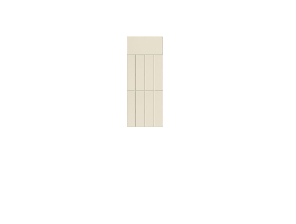 Light wood cabinet door with half lap joint at top and two vertical parallel panel sections below.