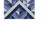 Geometric pattern with navy, light blue, and white triangles arranged in a chevron design.