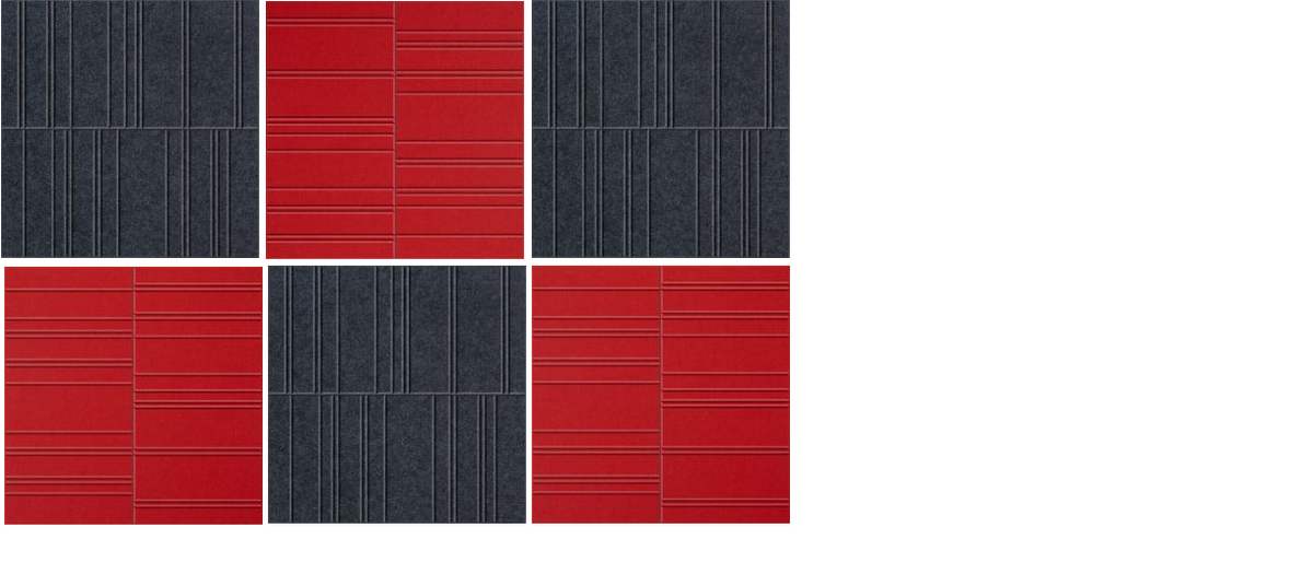 Red and dark gray tiles arranged in a geometric cross pattern with horizontal line textures.