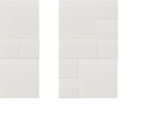 Abstract geometric wall design with rectangular panels of varying sizes arranged in a grid pattern on neutral beige backgroun