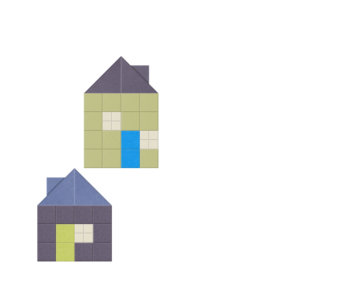 Two stylized house designs with triangular roofs in muted colors and geometric grid patterns, one featuring a blue window acc