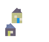 Two stylized house designs with triangular roofs in muted colors and geometric grid patterns, one featuring a blue window acc